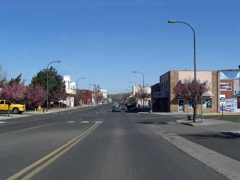 Columbia Avenue in downtown Connell with blooming trees