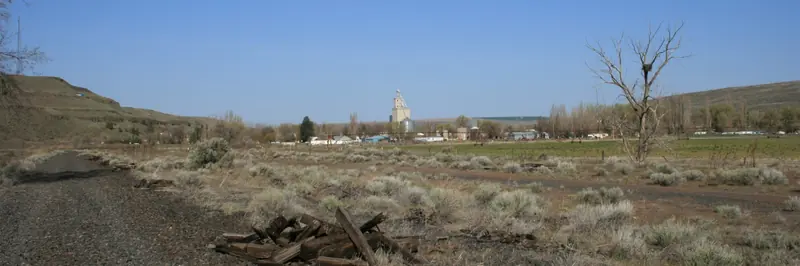The town of Kahlotus and its grain elevator beyond sagebrush